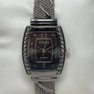 Studio Time Womens Cuff Watch 25mm Black Gray Dial Hinged New Battery 6.5"